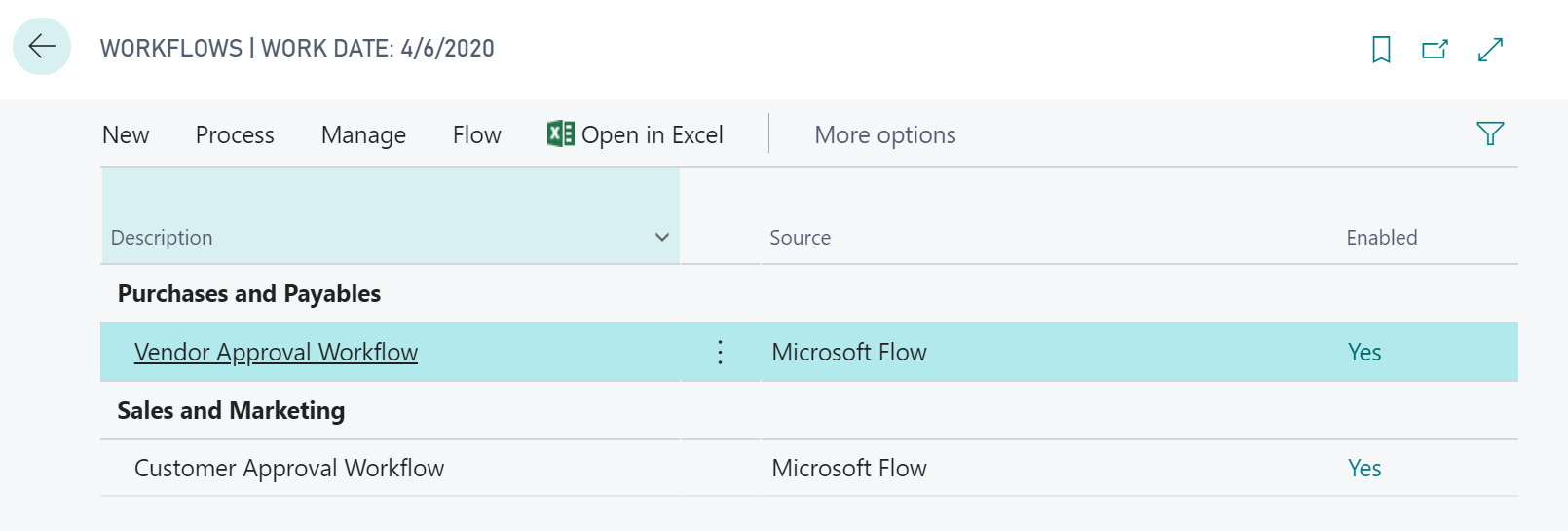Screenshot of the Workflows window with Vendor Approval Workflow.