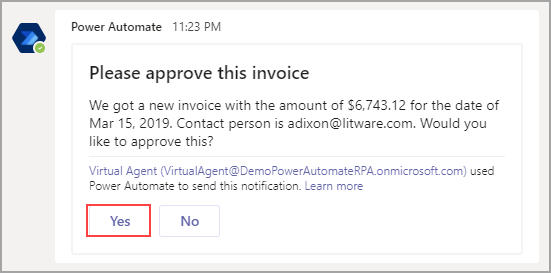 Screenshot of the Please approve this invoice message in Teams.