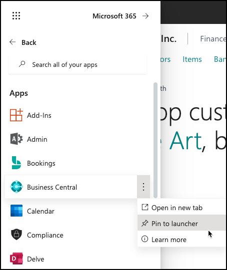 Screenshot of the Dynamics 365 app Pin to Launcher action.