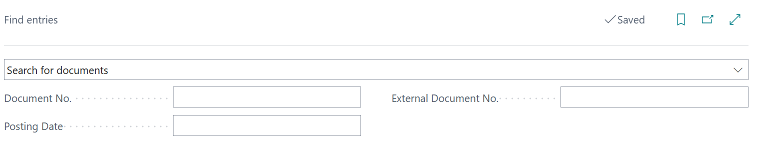 Screenshot of the Find entries page with Search for documents selected, showing Document No. and Posting Date fields.