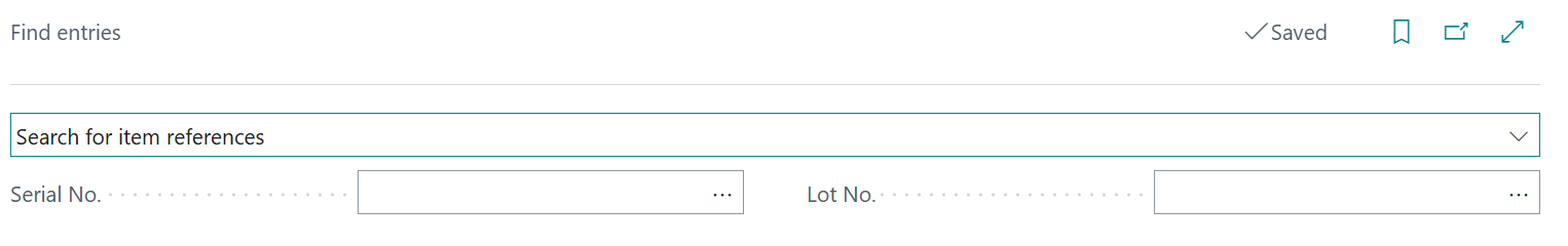 Screenshot of the Find entries page with Search for item references selected, showing Serial No. and Lot No. fields.