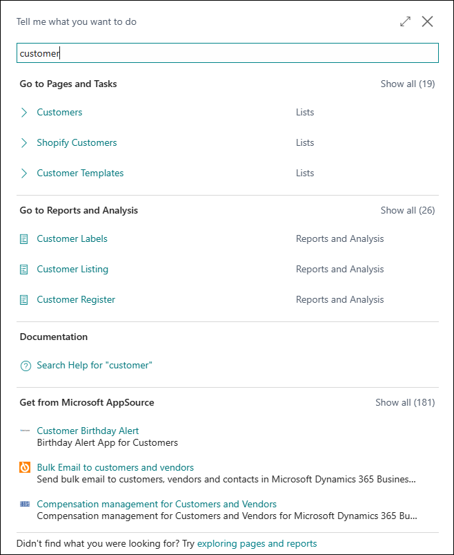 Screenshot of the Tell Me searching for customer.