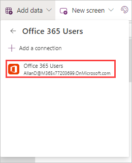 Screenshot of the add data window with Office 365 users selected.