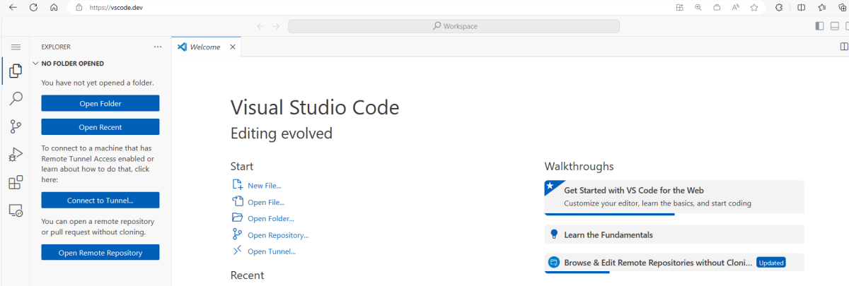 Screenshot of the vscode.dev landing page.