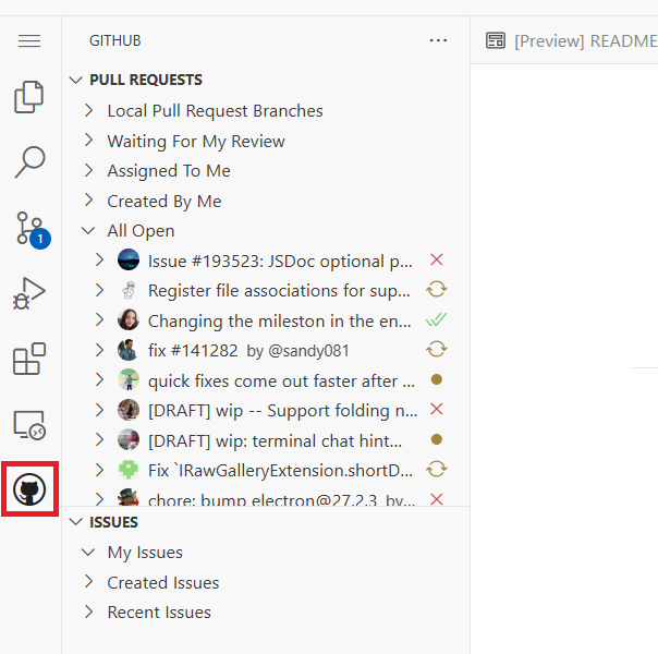 Screenshot showing a list of active pull requests for the repo in the GitHub view.