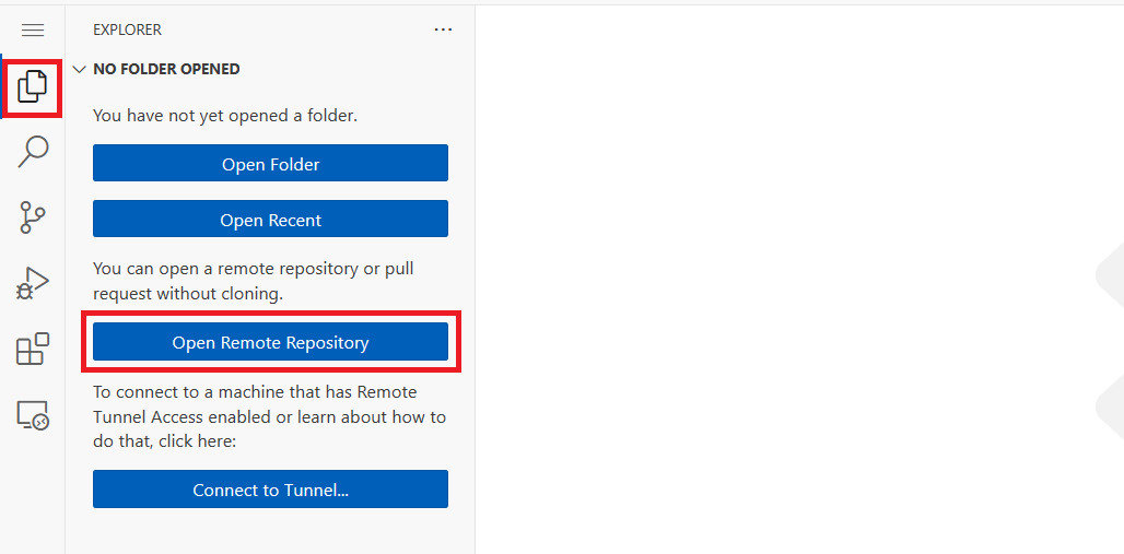 Screenshot highlighting the Open Remote Repository feature in the Explorer view of VS Code for the Web.
