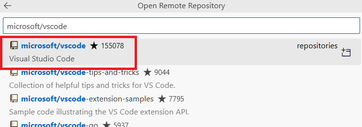 Screenshot highlighting the microsoft/vscode repo listed in the Open Remote Repository prompt, after searching for microsoft/vscode.