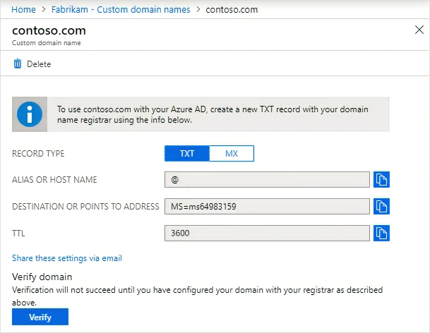 Screenshot that shows how to add a DNS record in the Azure portal to enable verification of a new custom domain name.