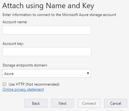 Screenshot of the Azure Storage Explorer wizard to connect to an external storage account.