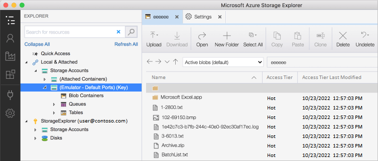 Screenshot of Azure Storage Explorer that shows the Emulator storage account open, which has a folder and several documents. The access tier information is visible.