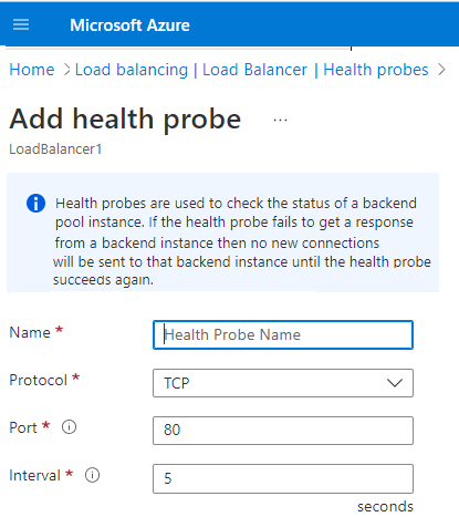 Screenshot that shows how to create a health probe in the Azure portal.