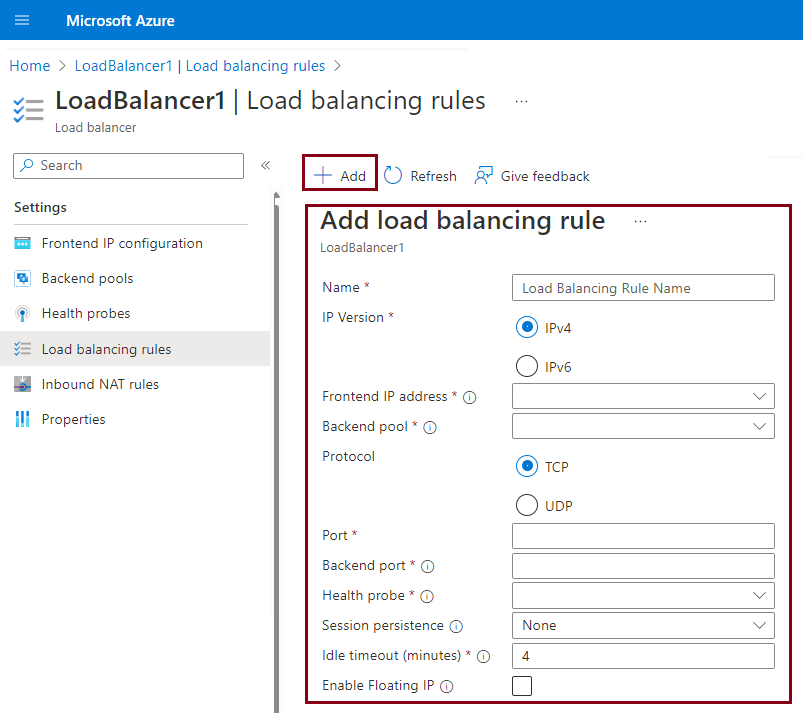 Screenshot that shows how to create load-balancing rules in the Azure portal.