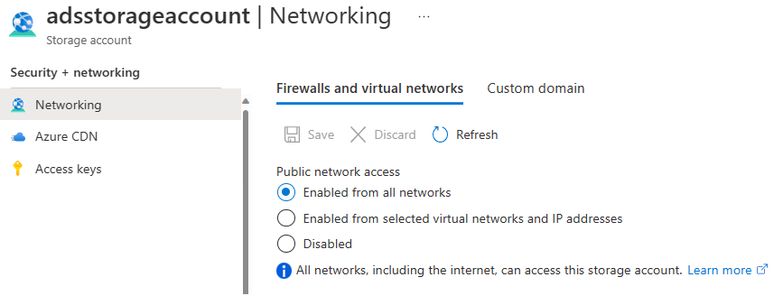 Screenshot of the Storage Account Firewalls and virtual networks settings in the Azure portal. One virtual network is selected and the firewall has an IP address range.