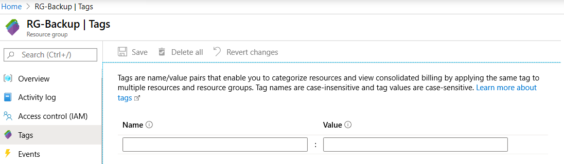 Screenshot that shows how to add tags for a resource group in the Azure portal.