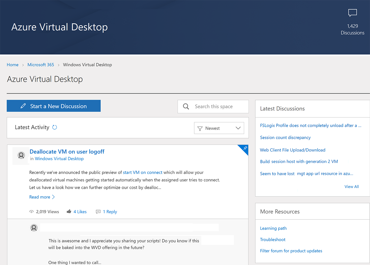 View of the Azure Virtual Desktop technical community site.