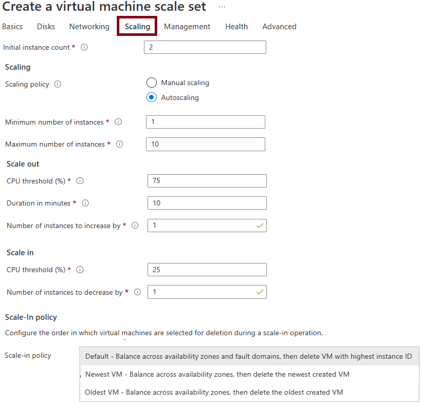 Screenshot of the settings for configuring virtual machine instances and autoscale in the Azure portal.