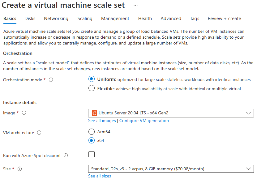 Screenshot that shows how to create Virtual Machine Scale Sets in the Azure portal.