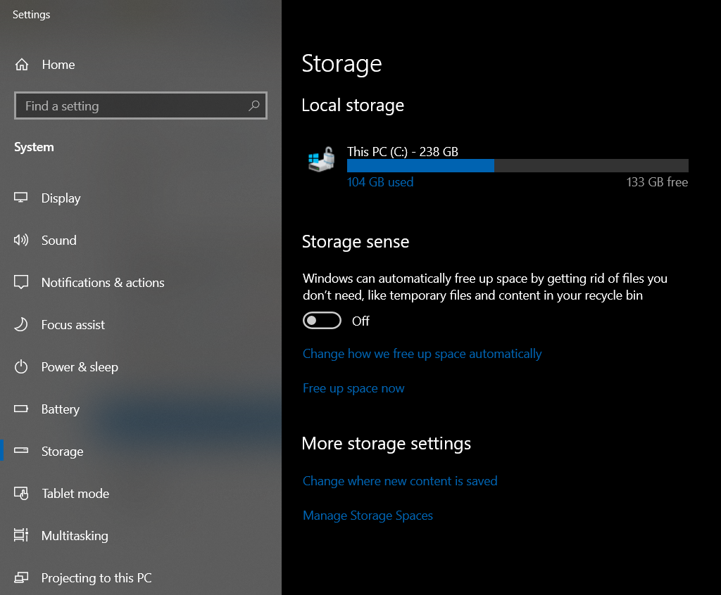 A screenshot of the Storage menu under Settings. The Storage sense option is turned off.