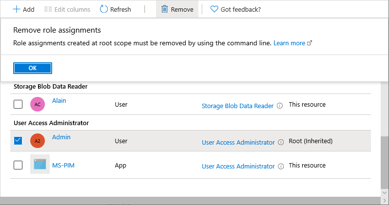 Remove role assignments with root scope.