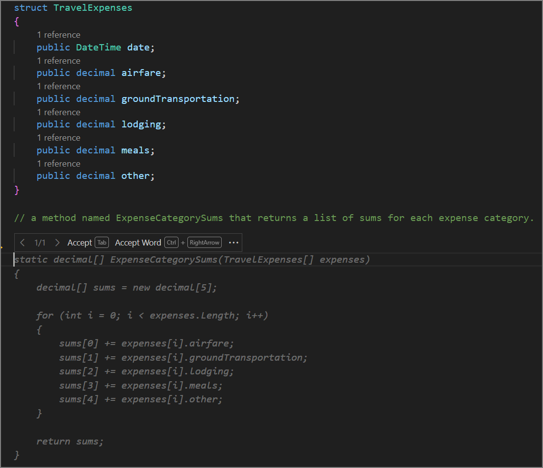 Screenshot showing a code line completion based on a comment.
