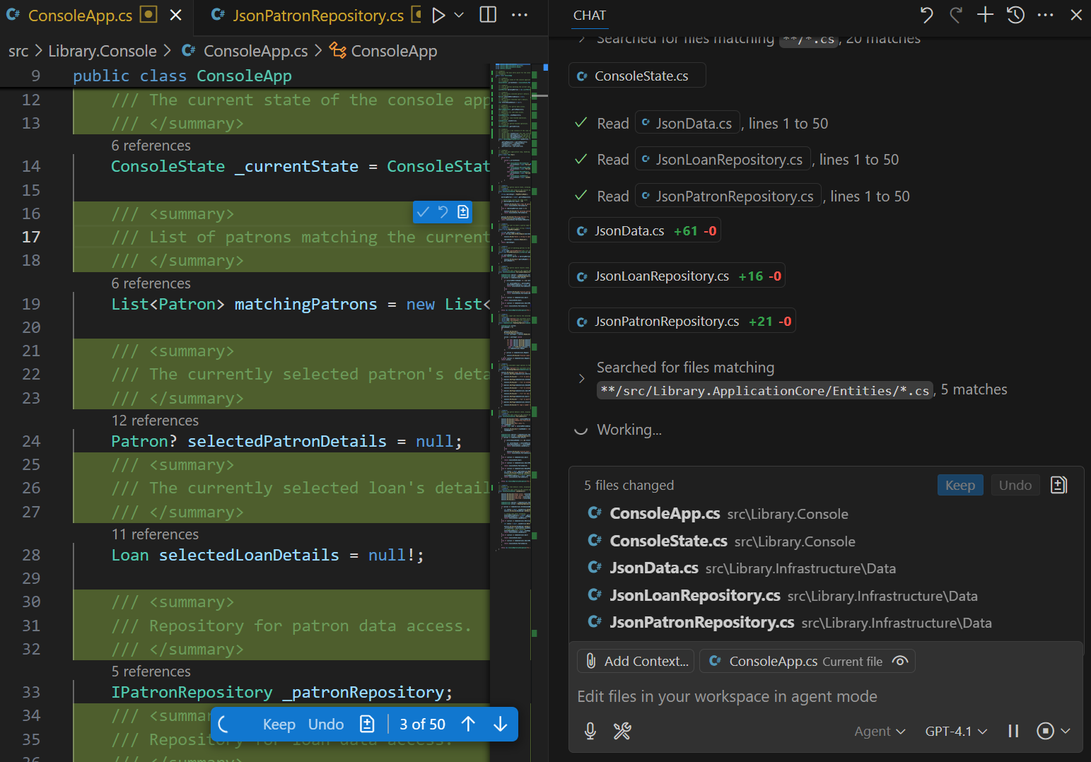 Screenshot showing the Chat view in Agent mode showing status messages.