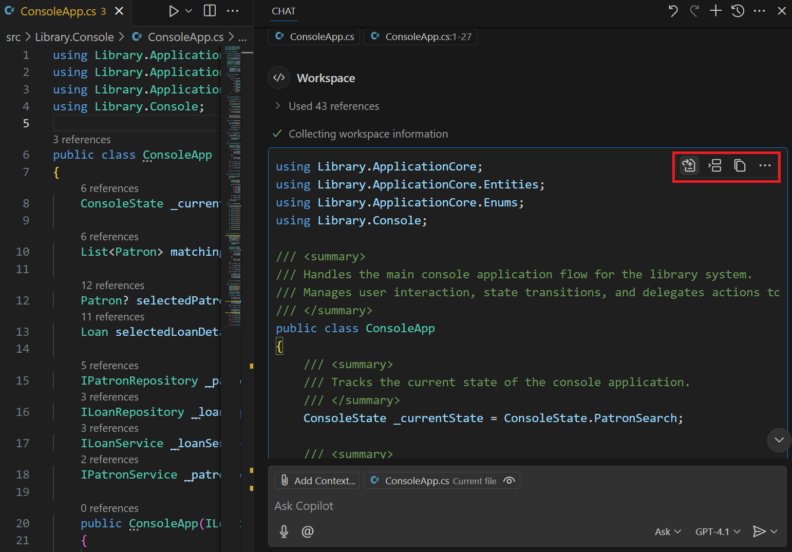 Screenshot showing the Chat view in Ask mode suggesting inline documentation.