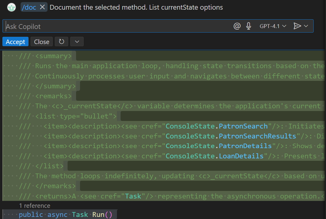 Screenshot showing an inline chat session suggesting documentation.