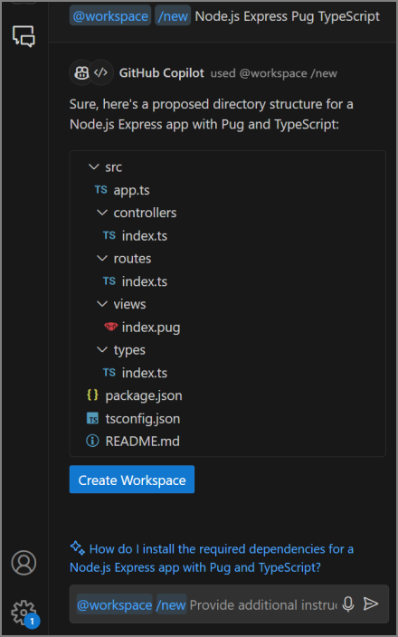 Screenshot showing a "new workspace" prompt in the Chat view.