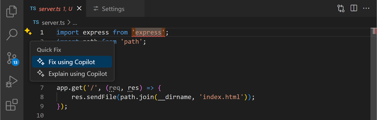 Screenshot showing "Fix using Copilot" action in the editor.