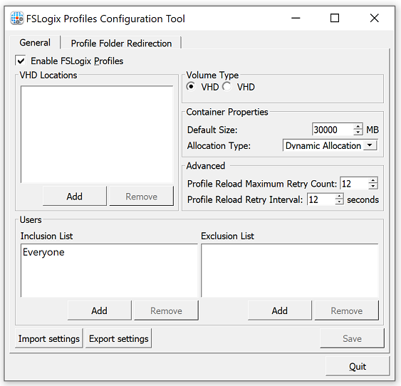 Screenshot showing the FSLogix Configuration Tool attributes.