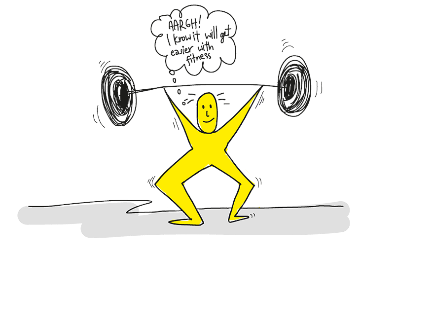 Illustration of a person exercising, demonstrating that DevOps practices become easier with consistent application and that building strength requires gradual, persistent effort.