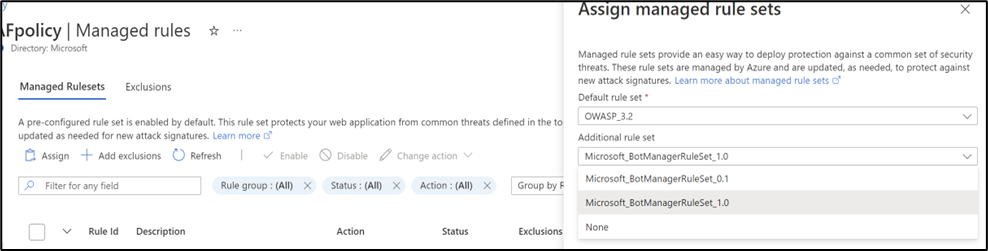Screenshot showing an example of how to assign managed rule sets.