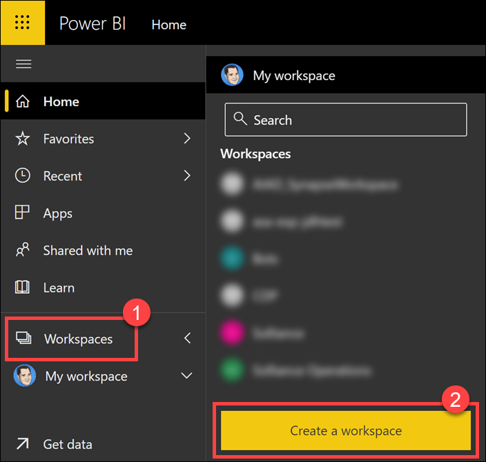 The create a workspace button is highlighted.