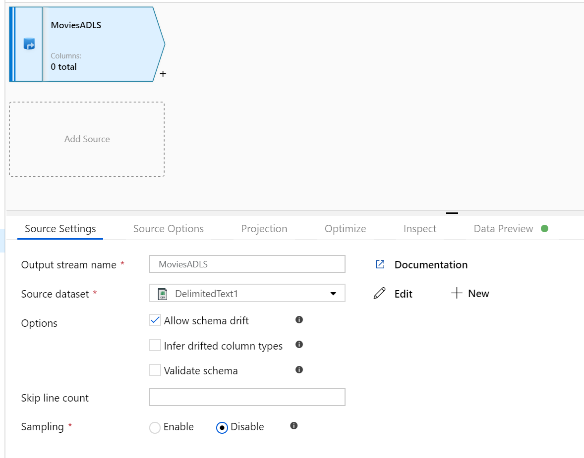 Screenshot that shows the Add Source button in the Mapping Data Flow canvas.