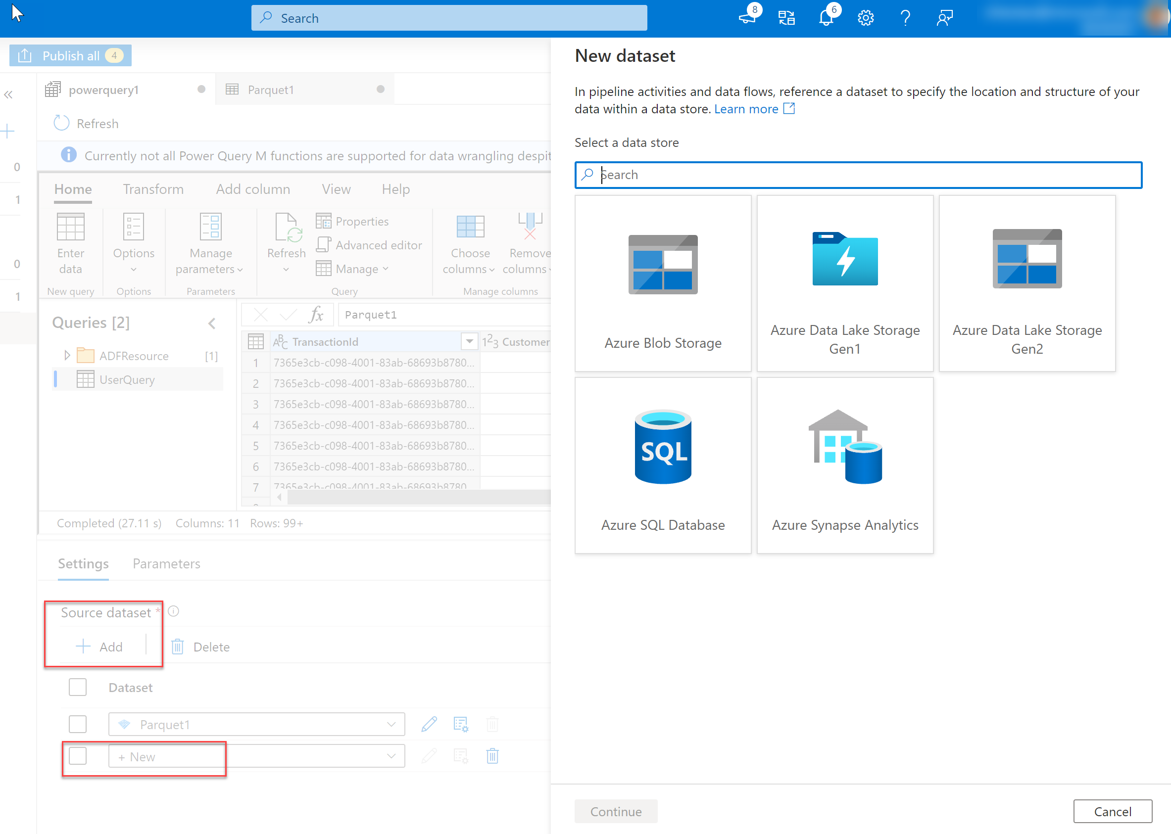 Screenshot that shows source datasets being added to the Power Query wrangling data flow.