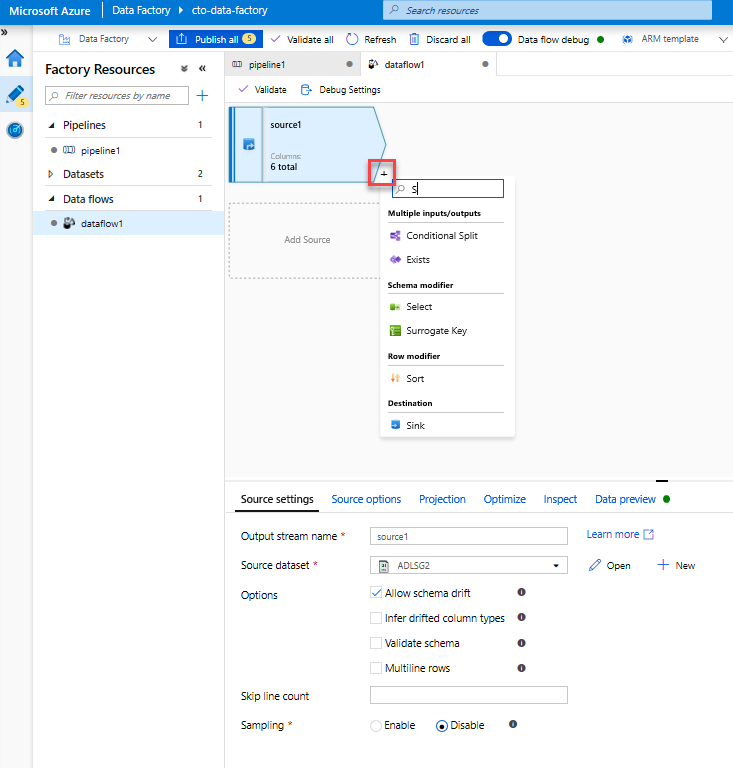 Screenshot that shows the Select transformation being added to the Mapping Data Flow.