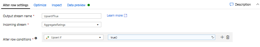 Screenshot that shows the Alter Row transformation configured with an upsert condition.