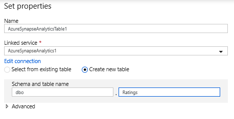 Screenshot that shows the dataset configuration for creating a new Azure Synapse Analytics table.