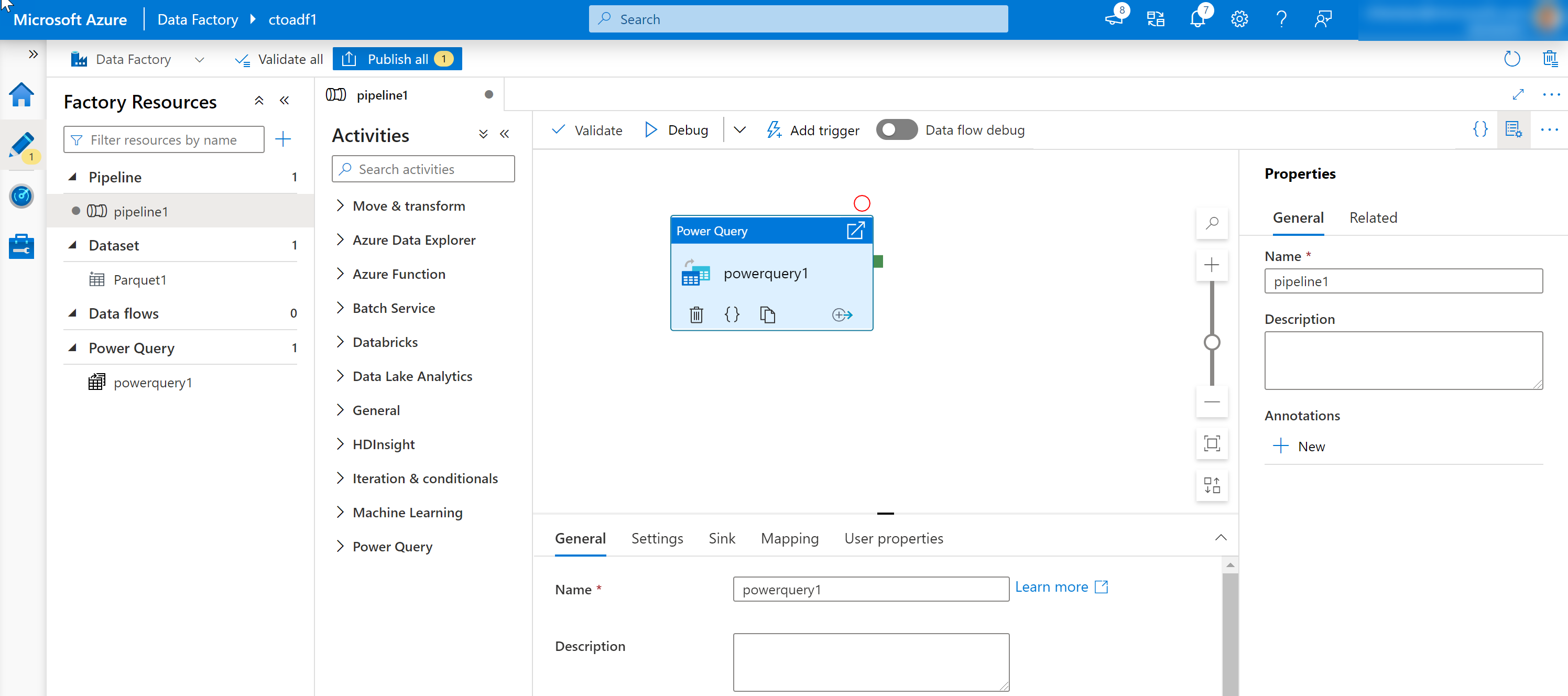 Screenshot that shows the completed Power Query activity added to the pipeline canvas.