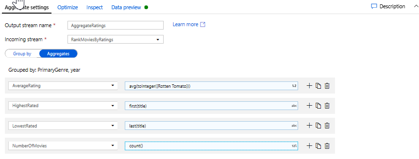Screenshot that shows the Aggregate transformation configured with group by columns and aggregate expressions.