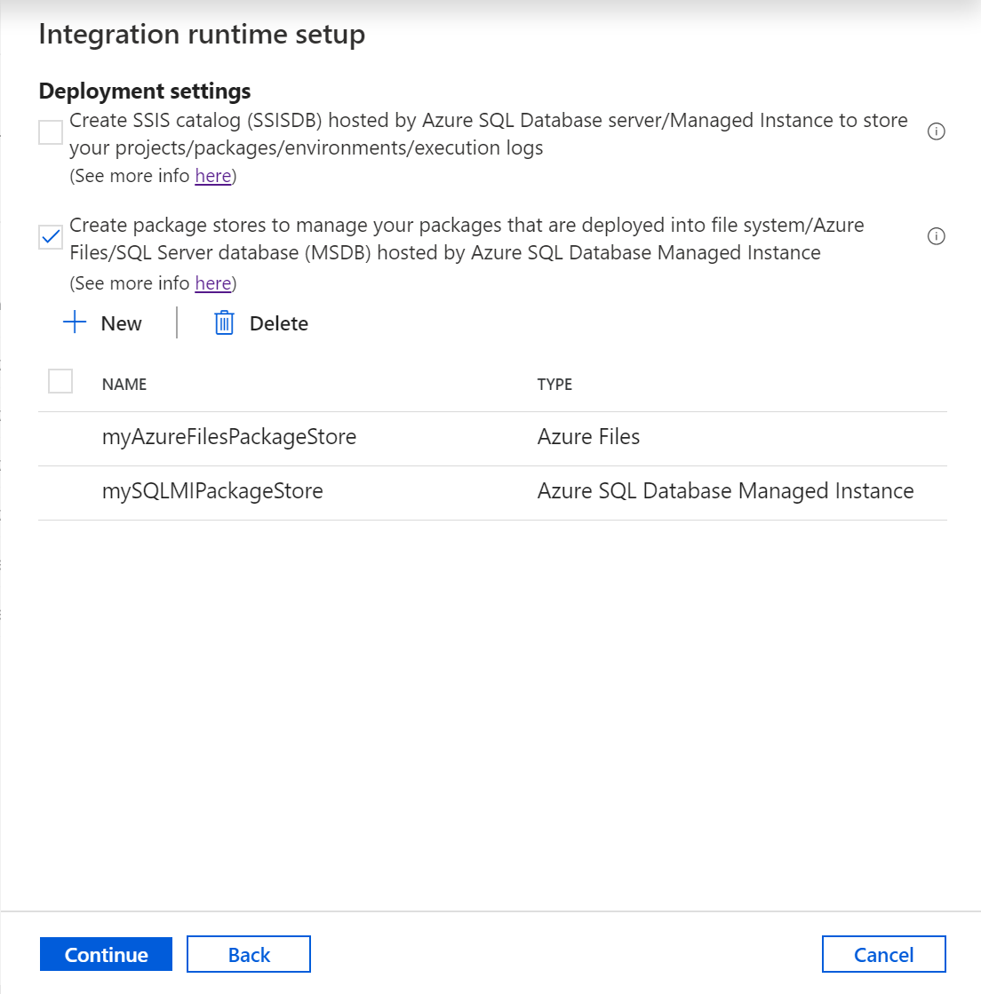 Screenshot that shows the Create package stores check box selected in the Deployment settings page.