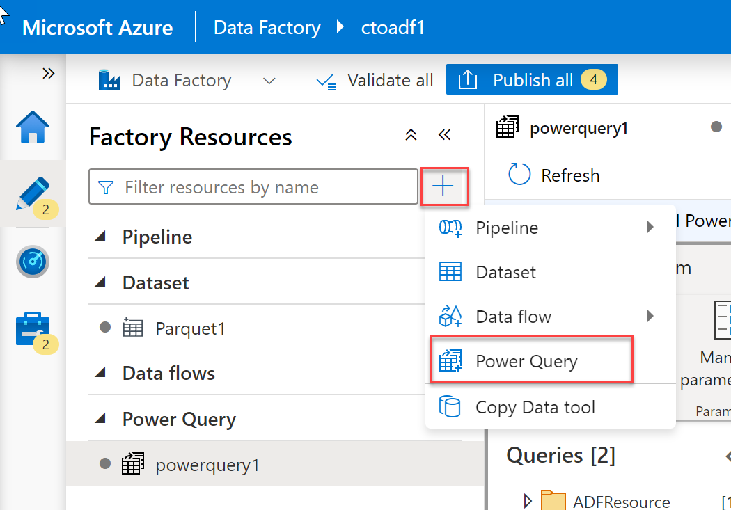 Screenshot that shows the Power Query option highlighted in the factory resources pane.