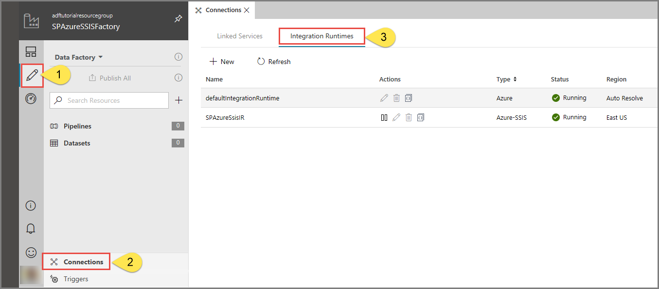 Screenshot that shows the Integration Runtimes tab in the Azure Data Factory designer.
