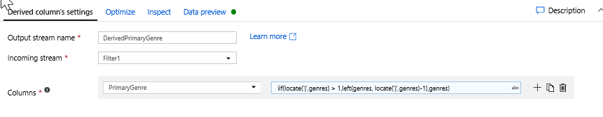 Screenshot that shows the Derived Column transformation configured to calculate the primary genre.