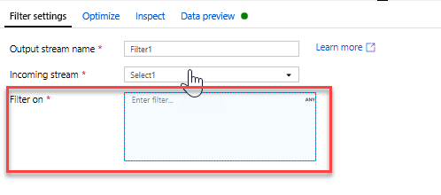 Screenshot that shows the Filter transformation configured with the year condition in the expression builder.