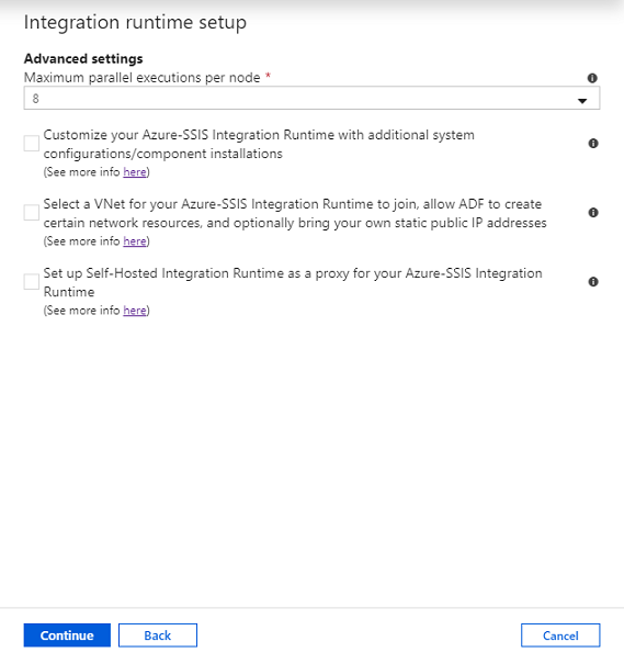 Screenshot that shows the Advanced settings page of the Integration Runtime setup pane.