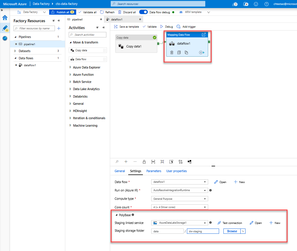Screenshot that shows the PolyBase configuration with an ADLS staging folder path specified.