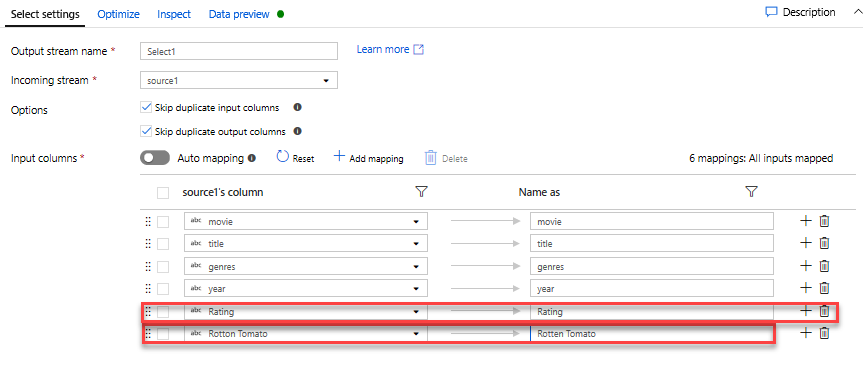 Screenshot that shows the Select transformation configured to rename the Rotton Tomatoes column.