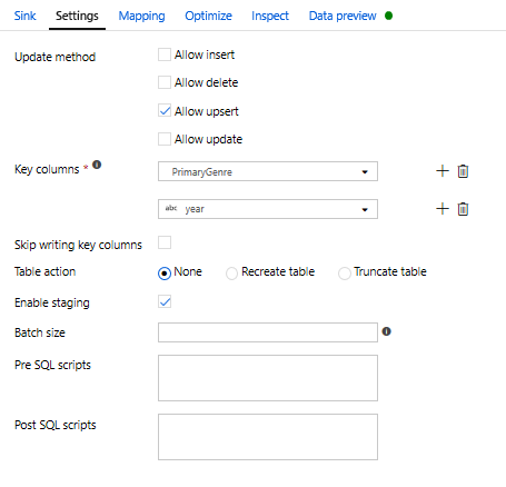 Screenshot that shows the Sink settings configured to allow upsert based on key columns.