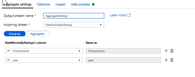 Screenshot that shows the Aggregate transformation added to the Mapping Data Flow.
